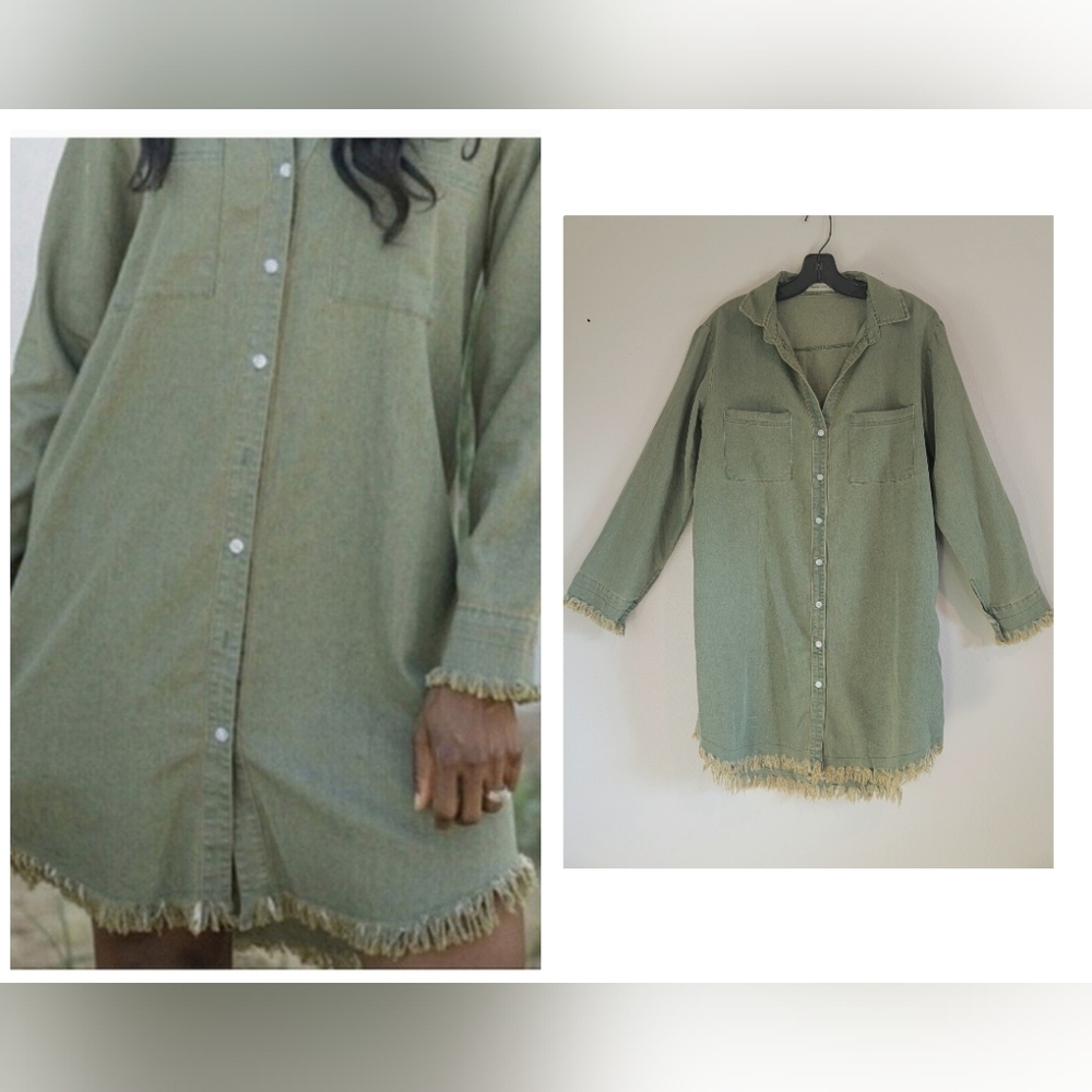 FRANCIS CABREL Button-up Jean Fringe Dress Greenish Tint Women's